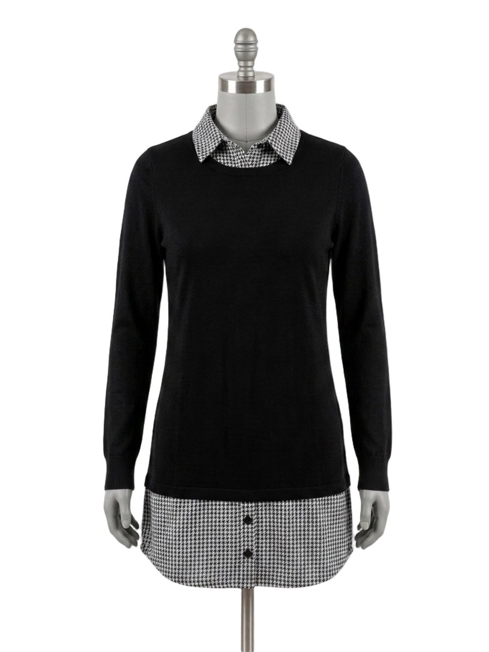 Adrianna Papell Black Crewneck Layered-Look Houndstooth Shirt Sz Large